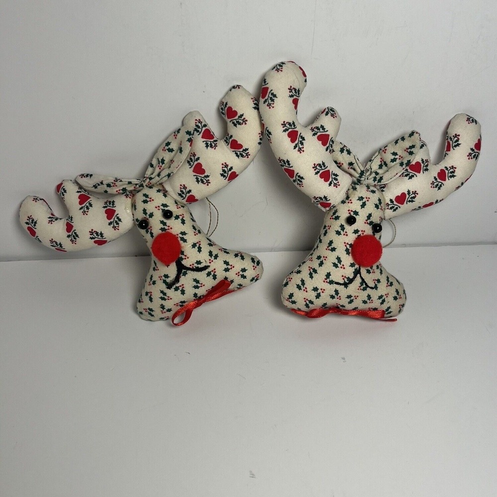 2 Vintage Fabric Reindeer Head Handmade Christmas Ornaments Deer Green Red White
